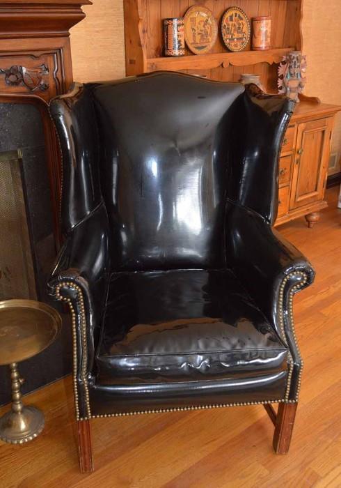 Black Upholstered Wingback Chair with Nailhead Trim