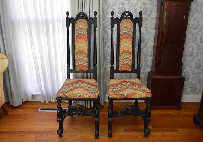 Pair of Carved Jacobean Ebonized Wood Side Chairs with Vintage Upholstery