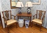Blue / White Chinoiserie Table Lamps and Garden Stools and Lovely Pair of Classic Chippendale Captain's Chairs