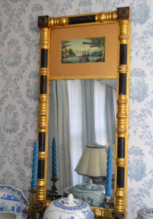 Antique Split Column Wall Mirror with Reverse Painting on Glass