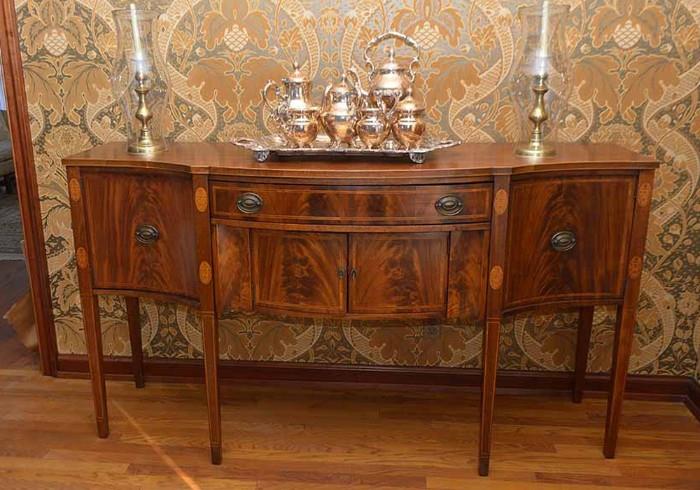 Stunning Antique Inlaid Bow Front Flame Mahogany Sideboard Server Buffet