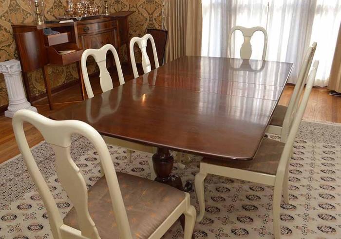 Mahogany Dining Table and 6 Pretty White Lacquer Queen Anne Dining Chairs