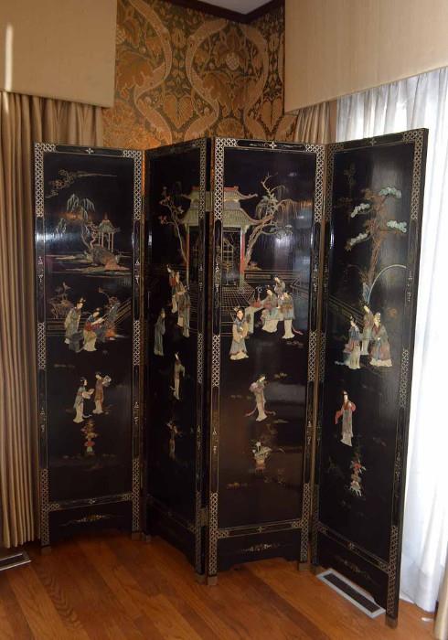 Vintage 4 Panel Black Lacquer Chinese Screen with Inlaid Stone / Mother of Pearl