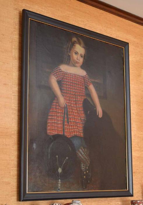 Incredible Antique Folk Art Oil Painting - Portrait of Little Girl with Dog