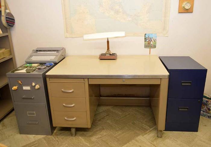 Metal Office Desk & File Cabinets