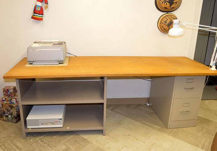 Desk Made from Metal Shelf, File Cabinet and Large Piece of Wood