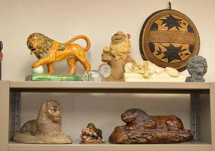 Collection of Lion Figures (Wood, Porcelain, Pottery, Copper, Brass)