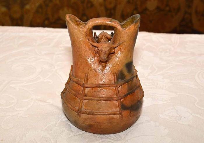 Navajo Wedding Vase with Steer & Ram's Head (Pinion Pine Pitch Glaze) by S.B. Claw