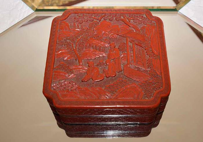 Asian/Oriental Carved Cinnabar Trinket Box 