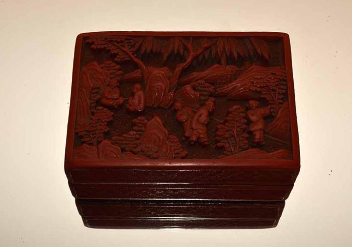 Asian/Oriental Carved Cinnabar Trinket Box 