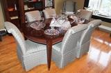 Ethan Allen Avenue Collection dining table with 2 leaves, table pads, and 8 chairs