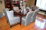 Ethan Allen Avenue Collection dining table with 2 leaves, table pads, and 8 chairs