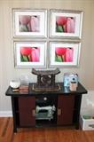 Pier 1 cabinet, vintage sewing machine, and framed photography