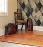 Child's lyre-back chair and ceramic vases