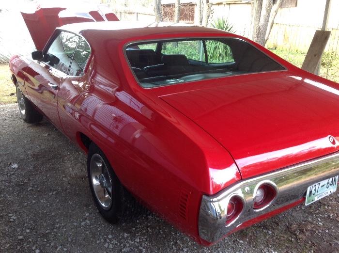 1971 Chevelle Malibu 350, Automatic, 2-Door, Bench Seats, factory A/C system. Mileage: 63K, After-market hood replacement.