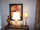 GLASS-TOP CONSOLE TABLE,. LAMPS & MISC.