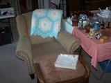 EASY CHAIR, FLOWER GARDEN QUILT, RATTAN OTTOMAN