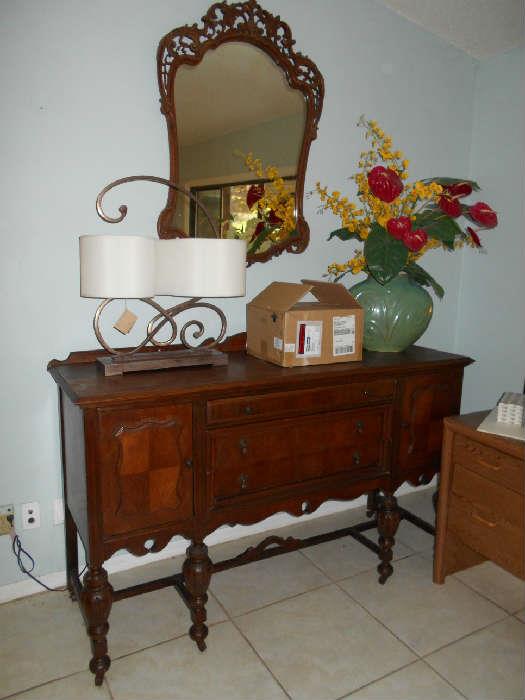 Antique /Vintage Sideboard, Antique/Vintage Mirror, Lamp
