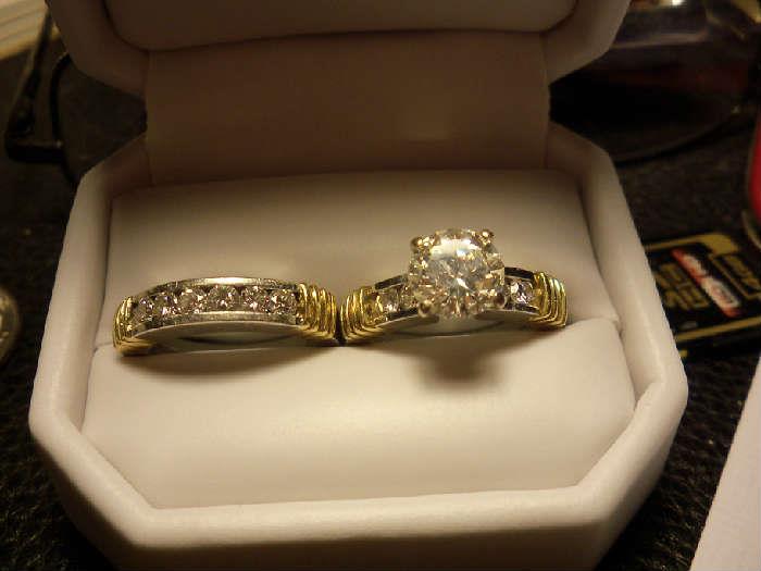 Ladies 3+ carat Diamond Engagement ring set in Platinum with yellow gold accents, Ladies 1+ carat Diamond Wedding band set in Platinum with yellow gold accents