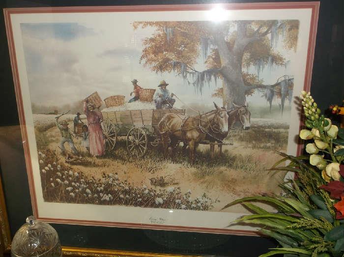 Framed cotton picking print by Russell