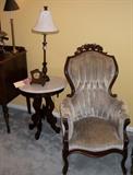 Antique Victorian Style Round Marble Top End Table and Formal Chair