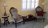 Antique Victorian Style Formal Chairs, Round Marble Top End Tables and a Coffee Table with a Secret Drawer 