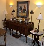 Antique Victorian Style Wood Buffet and Round Marble Top End Table 