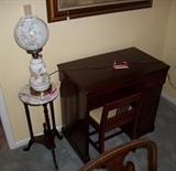 Antique Victorian Style Wood Desk and Round Marble Top Stand with Old Fashioned Lamp