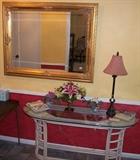 Gilded Large Mirror and Glass Top Rattan Entryway Table