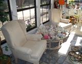 Two Formal Wingback Chairs Round Glass Top Rattan Coffee Table