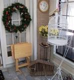 Christmas Wreath, Wood TV Stands, Natural Wood Christmas Manger,  White Wrought Iron Floor Stand Birdcage