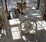 Glass Top White Metal Kitchen Table with Four Padded Chairs, Birdhouses and Decorative Horses
