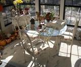 Glass Top White Metal Kitchen Table with Four Padded Chairs, Decorative Horses, Birdhouses, Birdhouse Stand / Table and Halloween Decorations