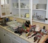 Set of Hibiscus SC Japan Dinnerware, Large Stoneware Serving Dishes, Knives and Knife Block and Utensils