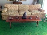 Danish modern coffee table and side table, 50s paisley couch, remmington style bronze 