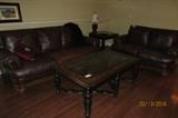 Leather-like Sofa & Love seat, Beveled glass coffee & end table