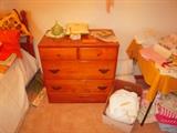 pine chest, linens. cherry bed