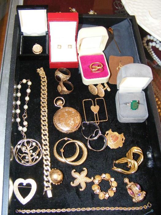 14 & 18 Kt Gold Jewelry includes: Pins, earrings, fob, bracelet with pearls, heavy 18kt bracelet, money clip, 14kt pocket watch, 