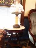 #44 (2) pink globe lamps $150 each
#30 (2) Marble top harp end tables $250 each