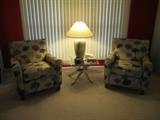 PAIR OF CHAIRS, TABLE AND LAMP