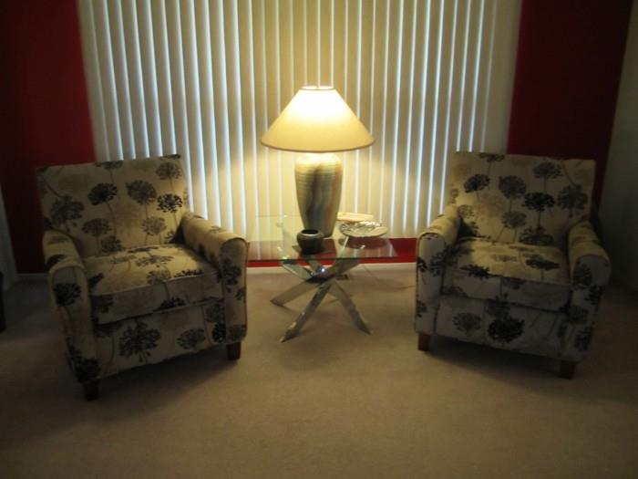PAIR OF CHAIRS, TABLE AND LAMP