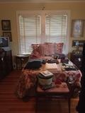 Full size mattress and box springs, queen sized bedding, scarves, hats, purses, linens
