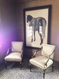 Large Singed Horse Print and Pair of Zebra Stripe French Style Chairs