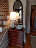 Great size mahogany English repro 5-drawer chest, with matching beveled mirror, Green/white Asian lamp and bowl. 