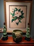 Nicley framed/matted original magnolia watercolor, vintage dogwood art pottery, vintage pair green porcelain Asian table lamps.