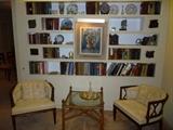 Books, Decorative, Pair Upholstered, Vintage Chairs & Square, Bamboo & Glass Side Table