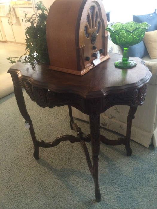Beautifully carved antique side table; Norman Rockwell Collector's Edition Radio