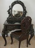 Japanese Carved Padouk wood Dressing Table / Vanity with Matching Chair