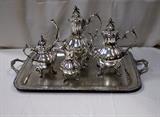 SILVER PLATE WAITER'S TRAY AND UNIQUE PUMPKIN TOP TEA SET