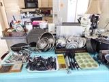 Pots, pans, bakeware, flatware, steak knives, collanders, baking sheets, muffin tins, fondue forks